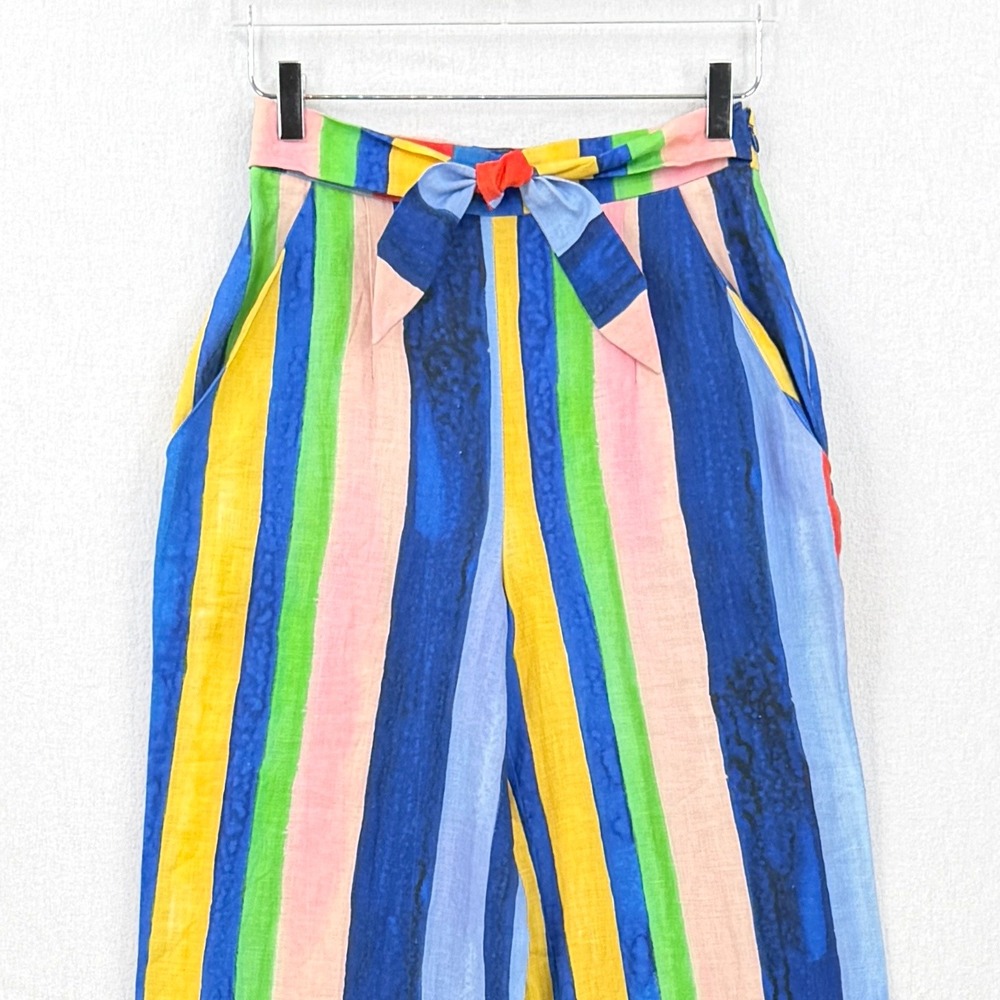 MARA HOFFMAN Rainbow Stripe Wide Leg Pants Women 4 Linen Tie Waist High Rise - Picture 6 of 15